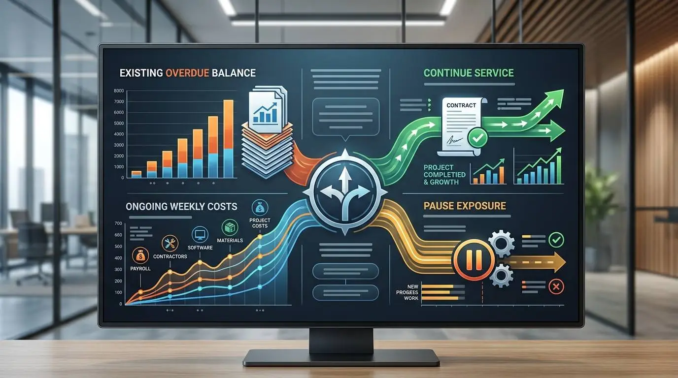 Decision graphic showing unpaid balance and additional exposure created by continuing client work.