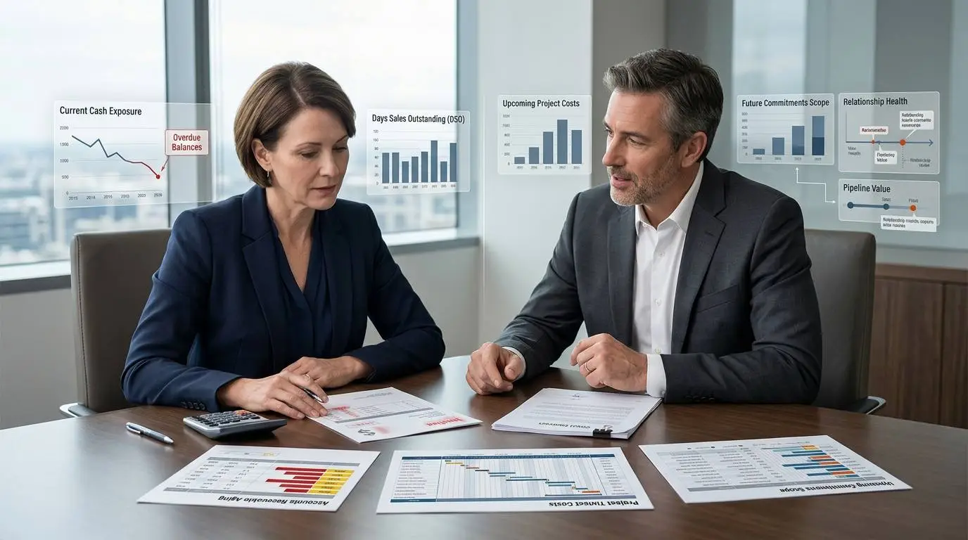 Finance and account leaders weighing an overdue invoice against client relationship and future work exposure.