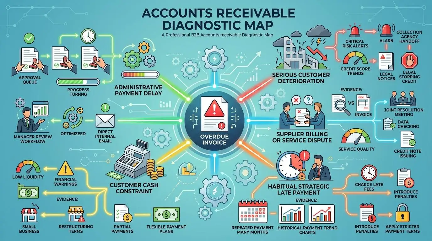 Diagnostic map separating five causes of overdue B2B invoices and their different response paths.