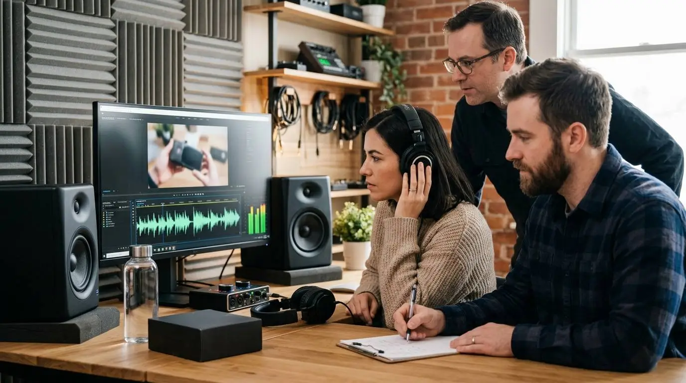 A marketing team reviewing product demo audio quality in a small studio with speakers and a video timeline.