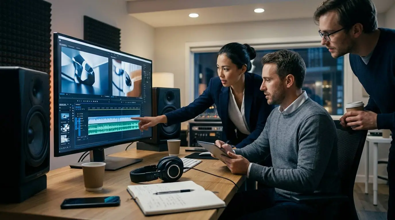A startup team reviewing a product demo video and audio timeline in a modern editing room.
