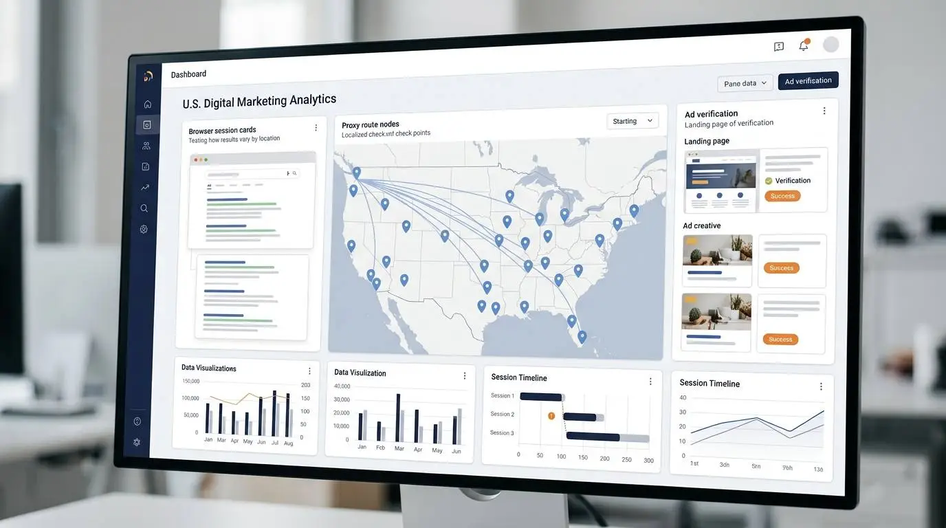 A marketer checking local SEO results and ad placements through location-specific proxy connections.