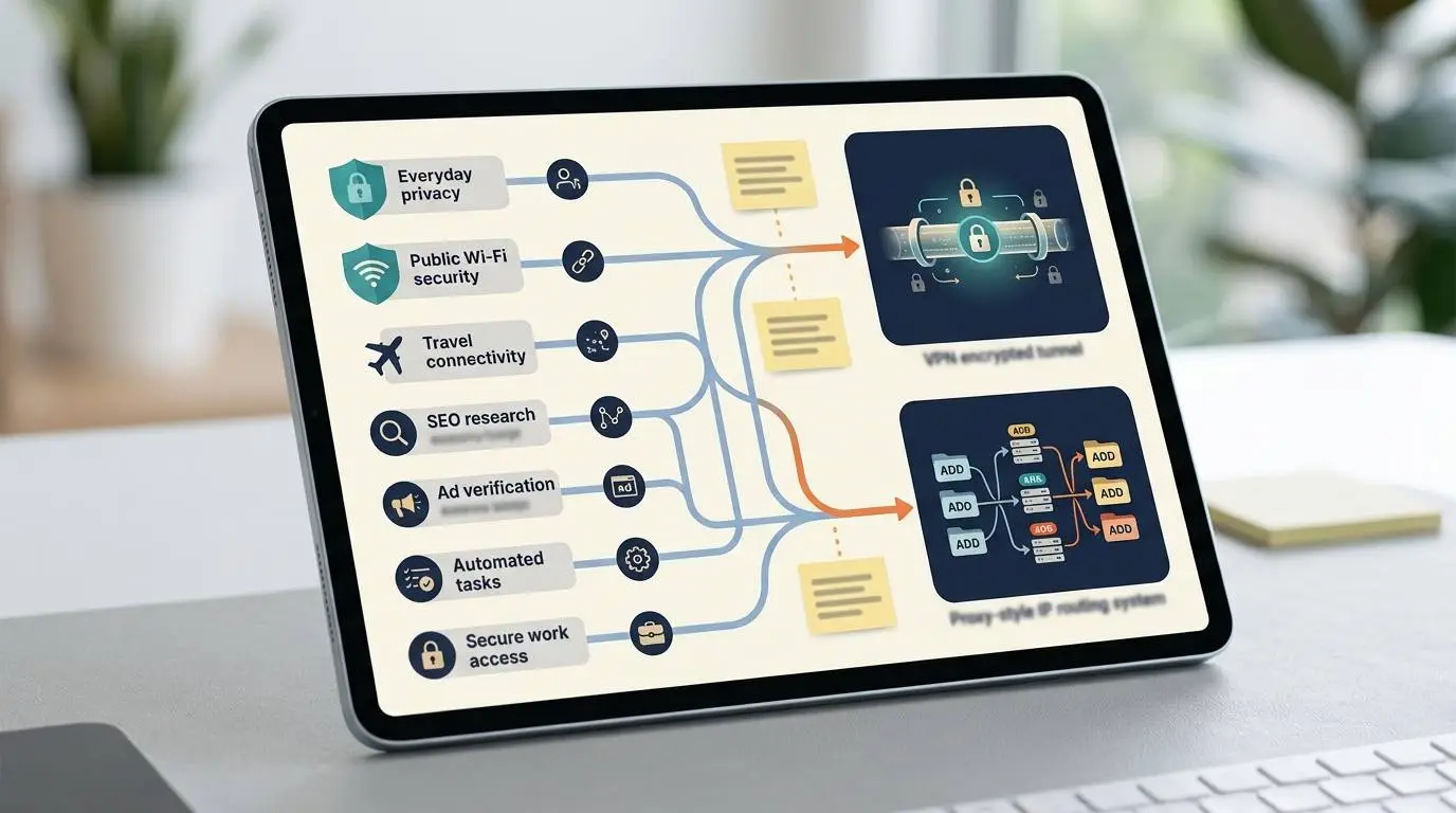 A practical decision tree helping users choose between a VPN, a proxy or both based on their use case.