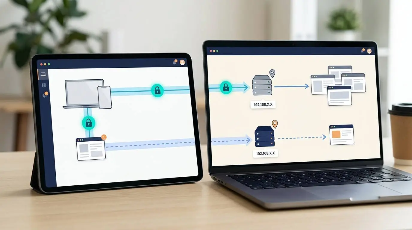 A clean connection flow diagram comparing a VPN encrypted tunnel with proxy-based request routing.