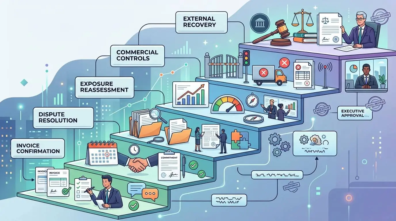 Escalation ladder moving from invoice clarification to commercial controls and external recovery.
