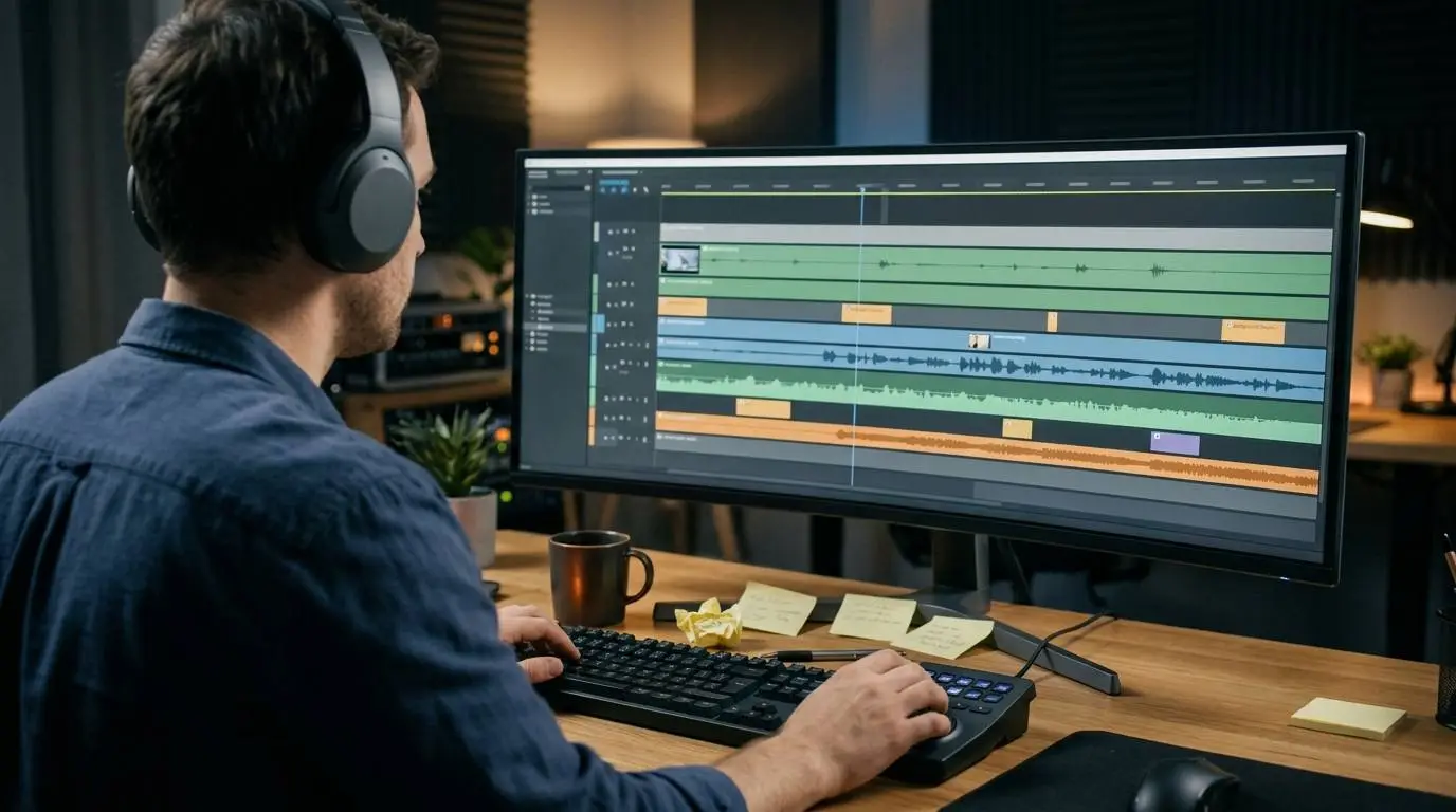 A video editor reviewing a SaaS product demo timeline with screen recording, narration and background music tracks.