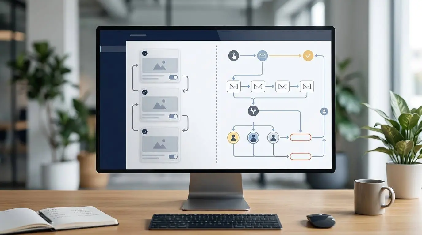 A small business marketing automation dashboard with welcome emails, cart reminders and follow-up workflows.