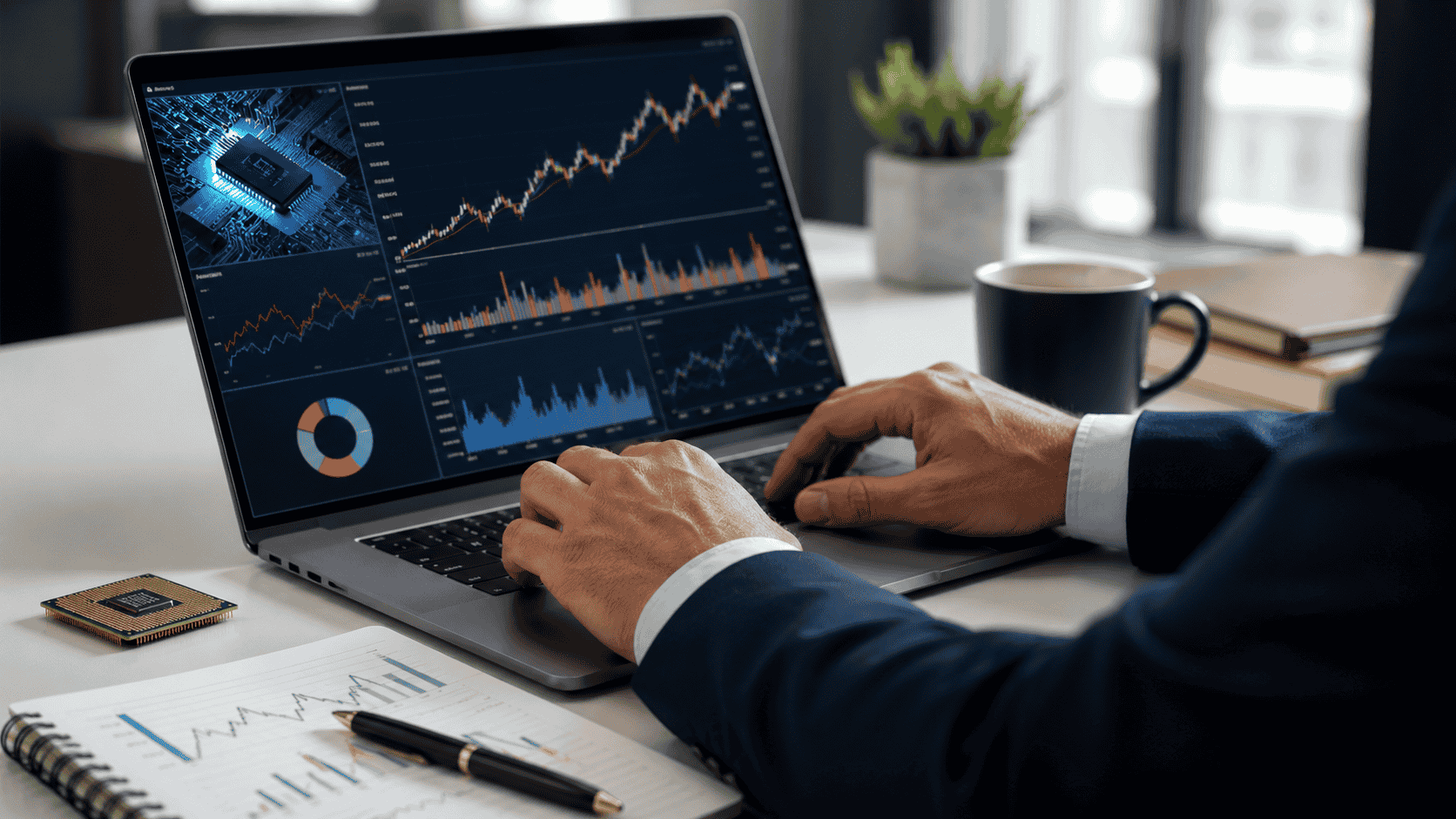 A trader reviewing stock market charts and AI semiconductor data on a laptop.