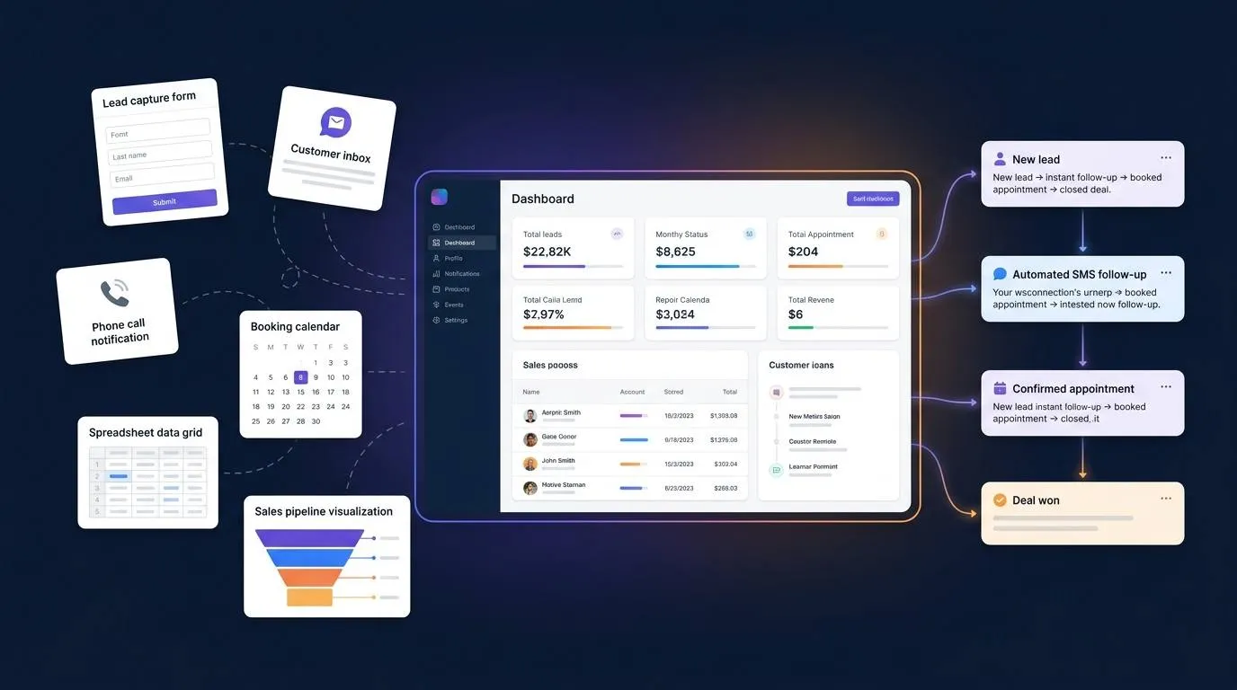 A connected HighLevel workflow linking lead capture, CRM, messaging, appointments, and pipeline management.