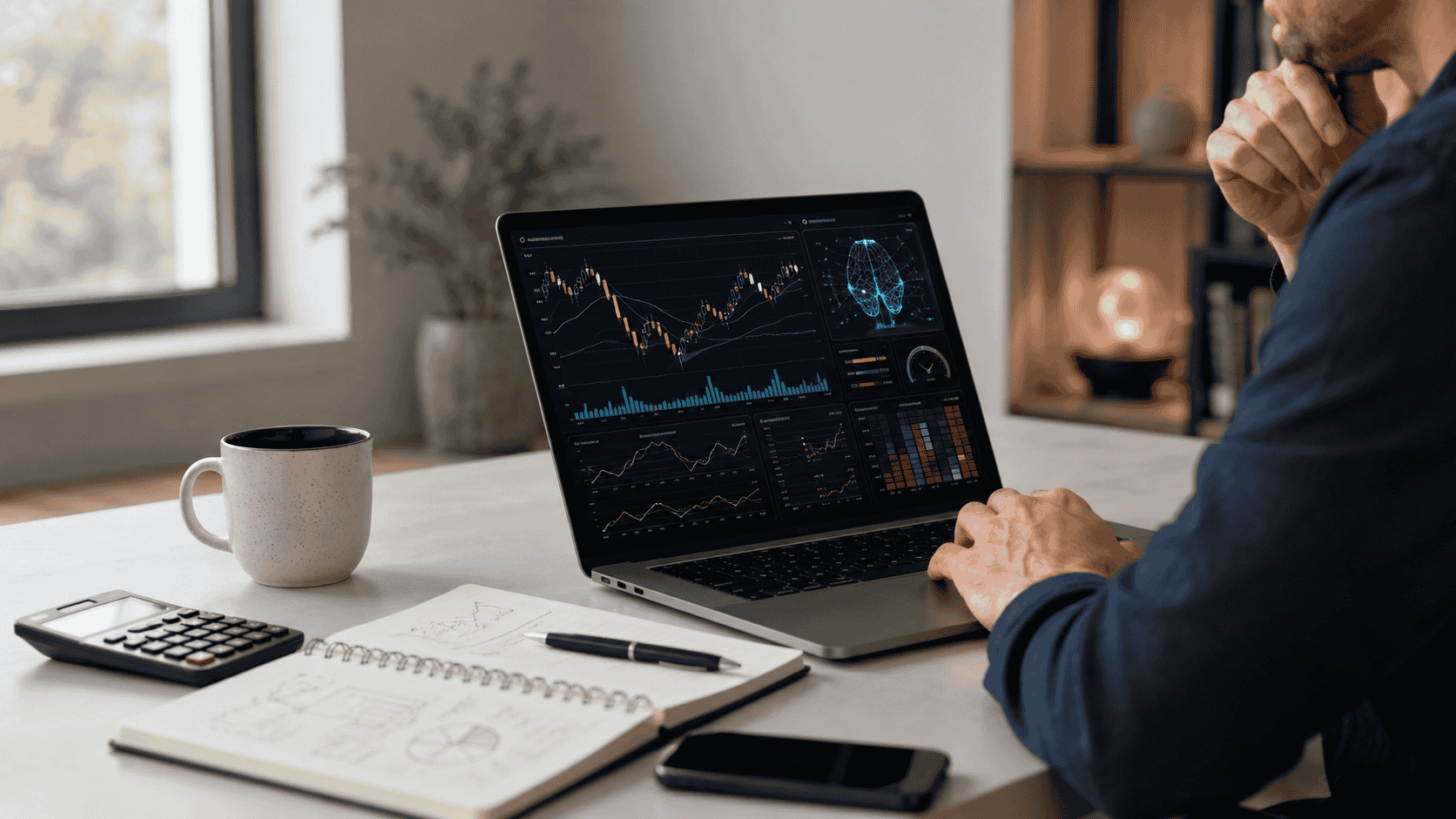 A person reviewing U.S. stock market charts, AI technology stocks and interest-rate data on a laptop.