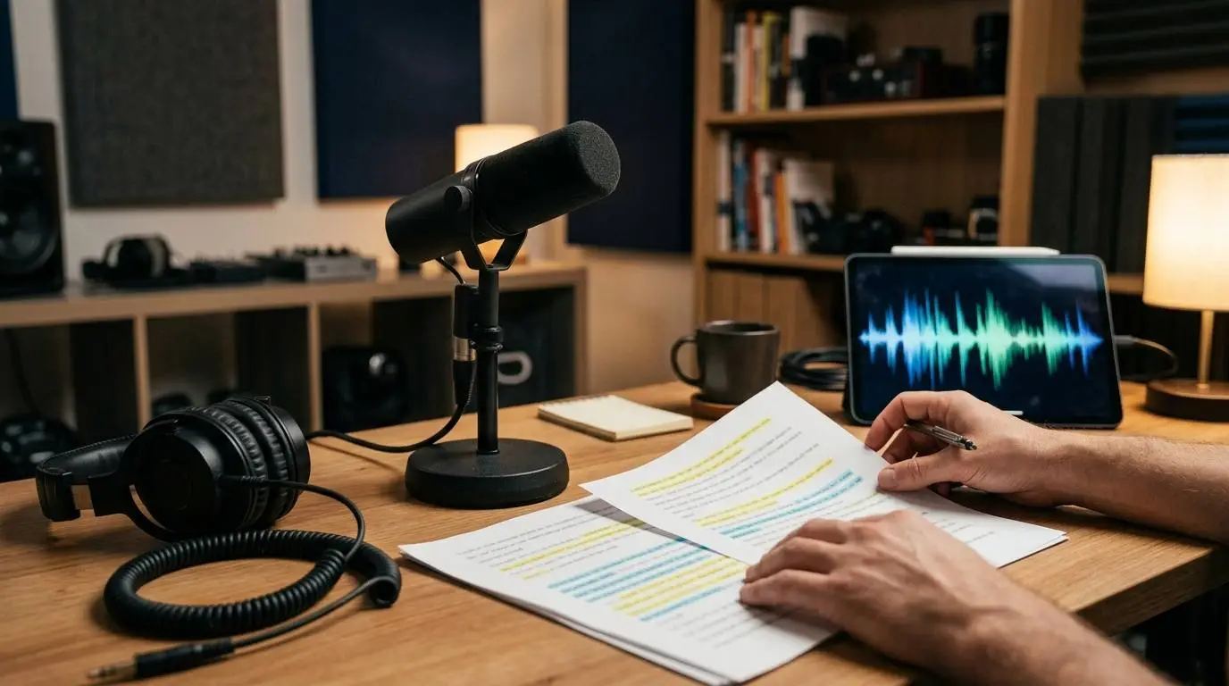 A creator preparing a product demo voiceover with a microphone, script notes and audio waveform on a monitor.