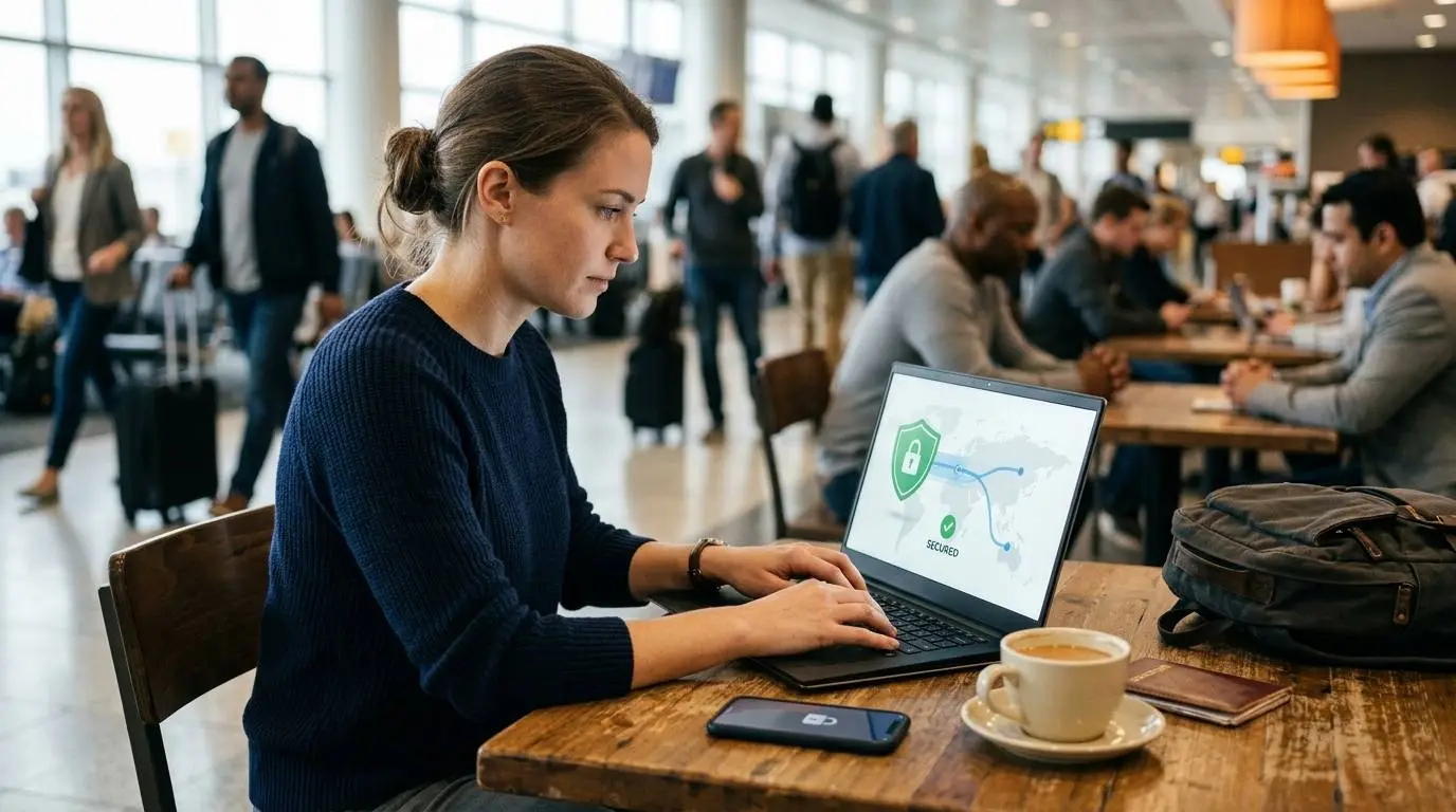 A remote worker using a VPN while connected to public Wi-Fi in a coffee shop.