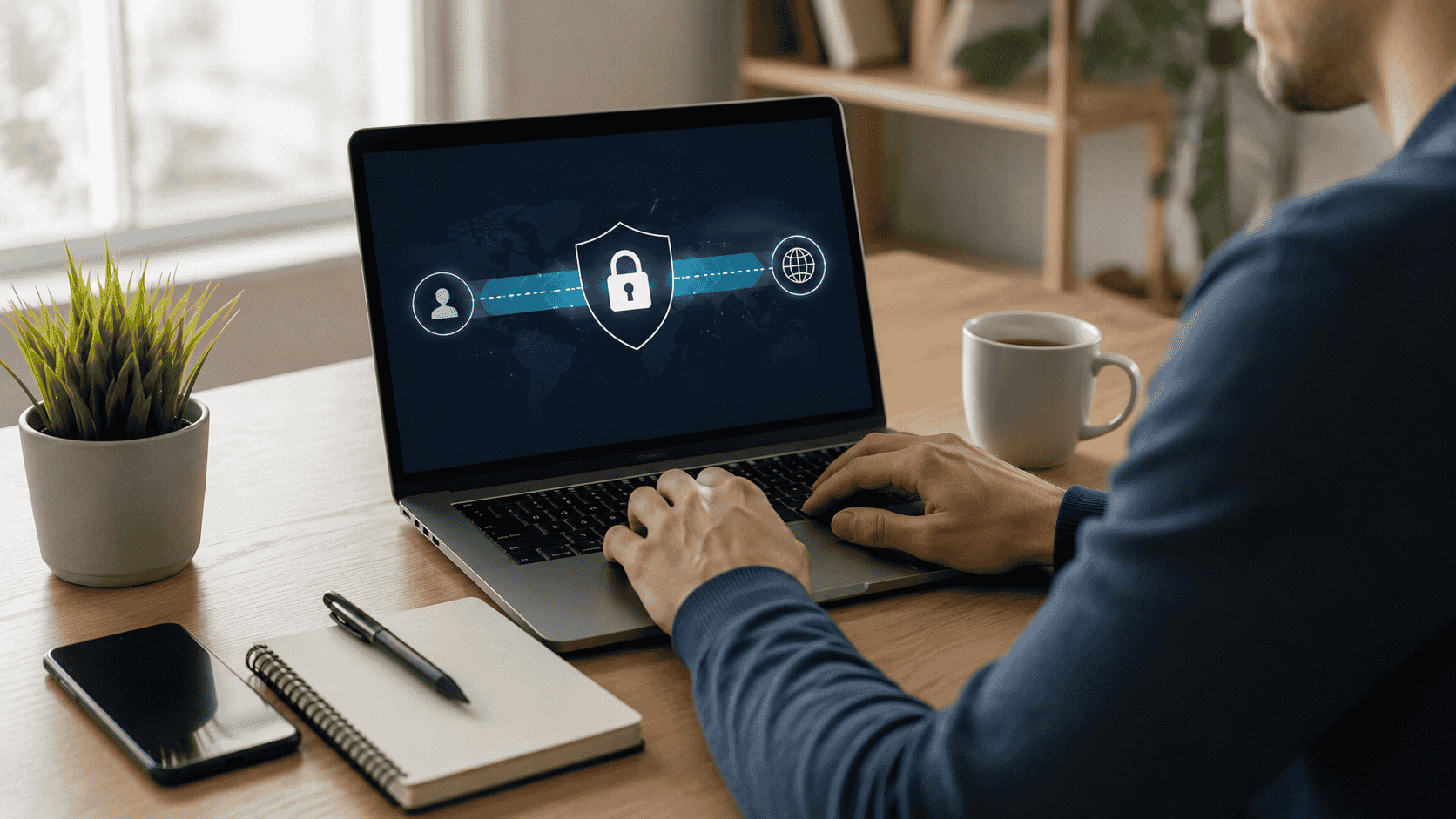 A remote worker using a VPN connection on a laptop while working from a café or home office.